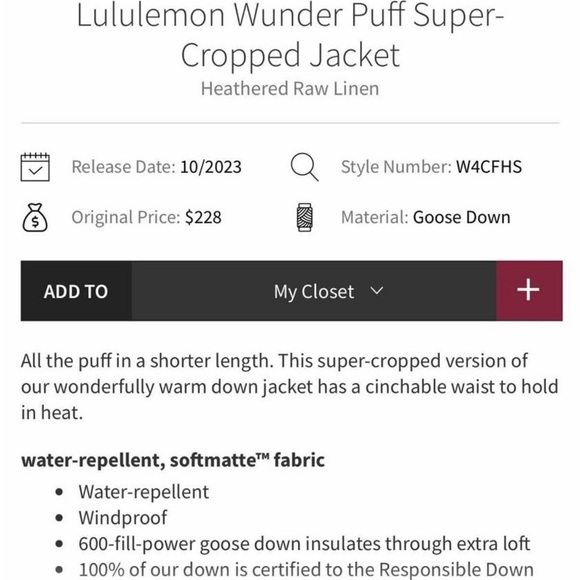 Lululemon Wunder Puff Super-Cropped Jacket – Heathered Raw Linen - Picture 8 of 10